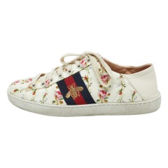 Mehrfarbige Gucci Web Bee Ace Low Top Turnschuhe aus Segeltuch und Leder Größe 36,5