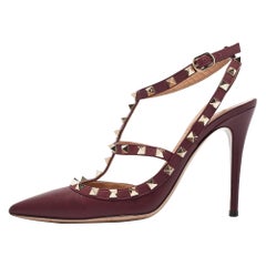 Valentino Burgundy Leather Rockstud Ankle Strap Pumps Size 40