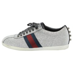 Gucci Metallic Silber Glitter Bambi Web Nieten Low Top Turnschuhe Größe 37,5