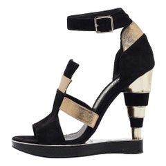 Salvatore Ferragamo Black/Gold Suede Watersnake Lexus Platform Sandals Size 35.5