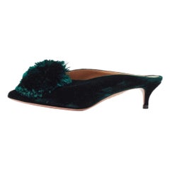 Aquazzura Green Velvet  Powder Puff 45 Pompom-Embellished Mules Size 36.5