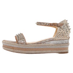 Christian Louboutin Beige Texture Suede & Raffia Pyraclou Wedge Sandals Size 37