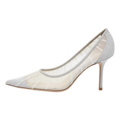 Jimmy Choo White/Silver Glitter Tulle Love Pumps Size 39.5