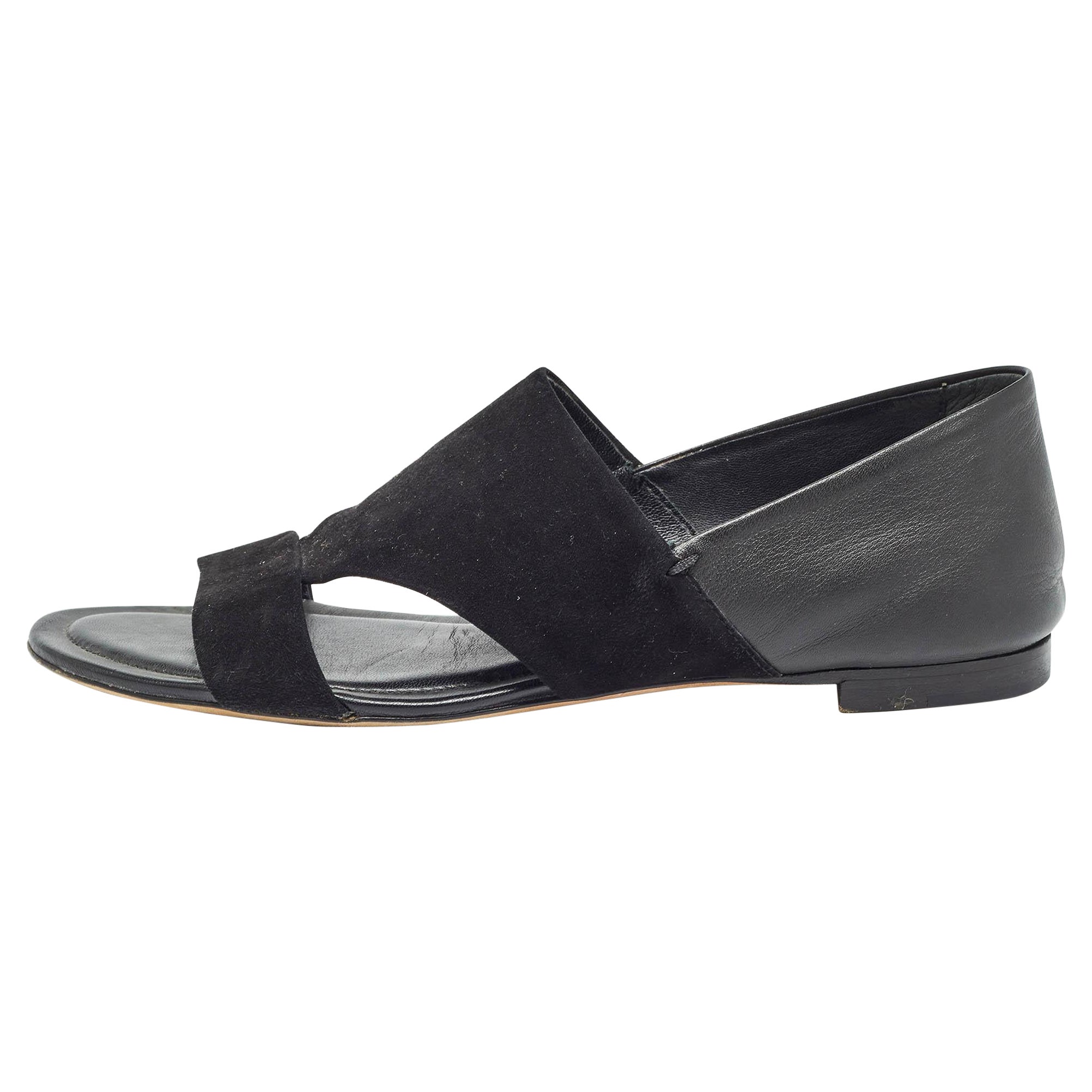 Tod's Black Suede and Leather Flat Sandals Size 38.5 For Sale