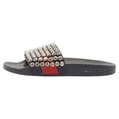 Gucci Navy Blue/Red Web Leather Crystal Embellished Slides Size 35