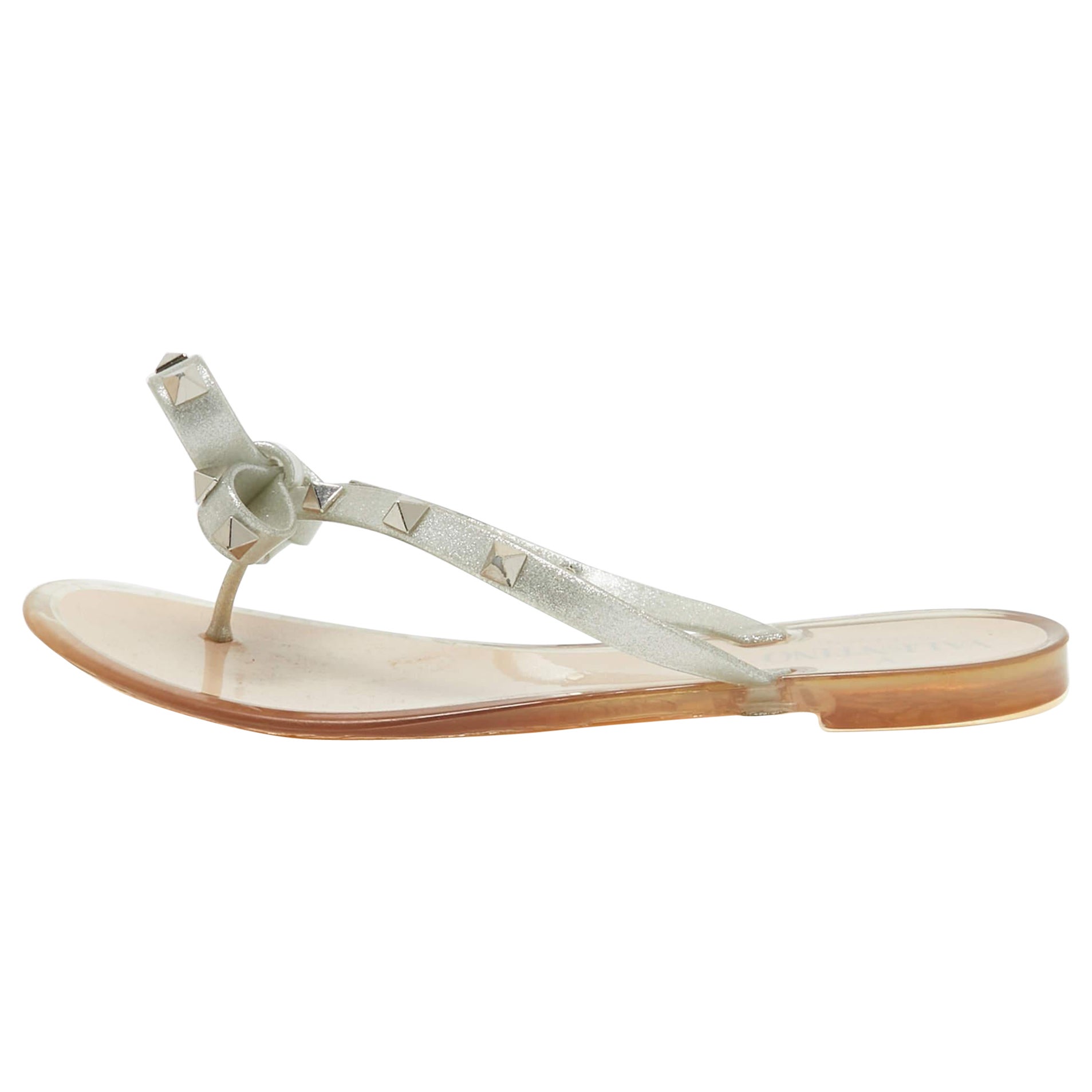 Valentino Silver Glitter Rubber Bow Rockstud Thong Flats Taglia 36