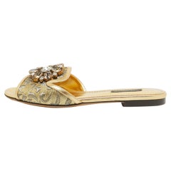 Dolce Gabbana Gold Brocade Leather Crystal Embellished Flat Slides Size 36