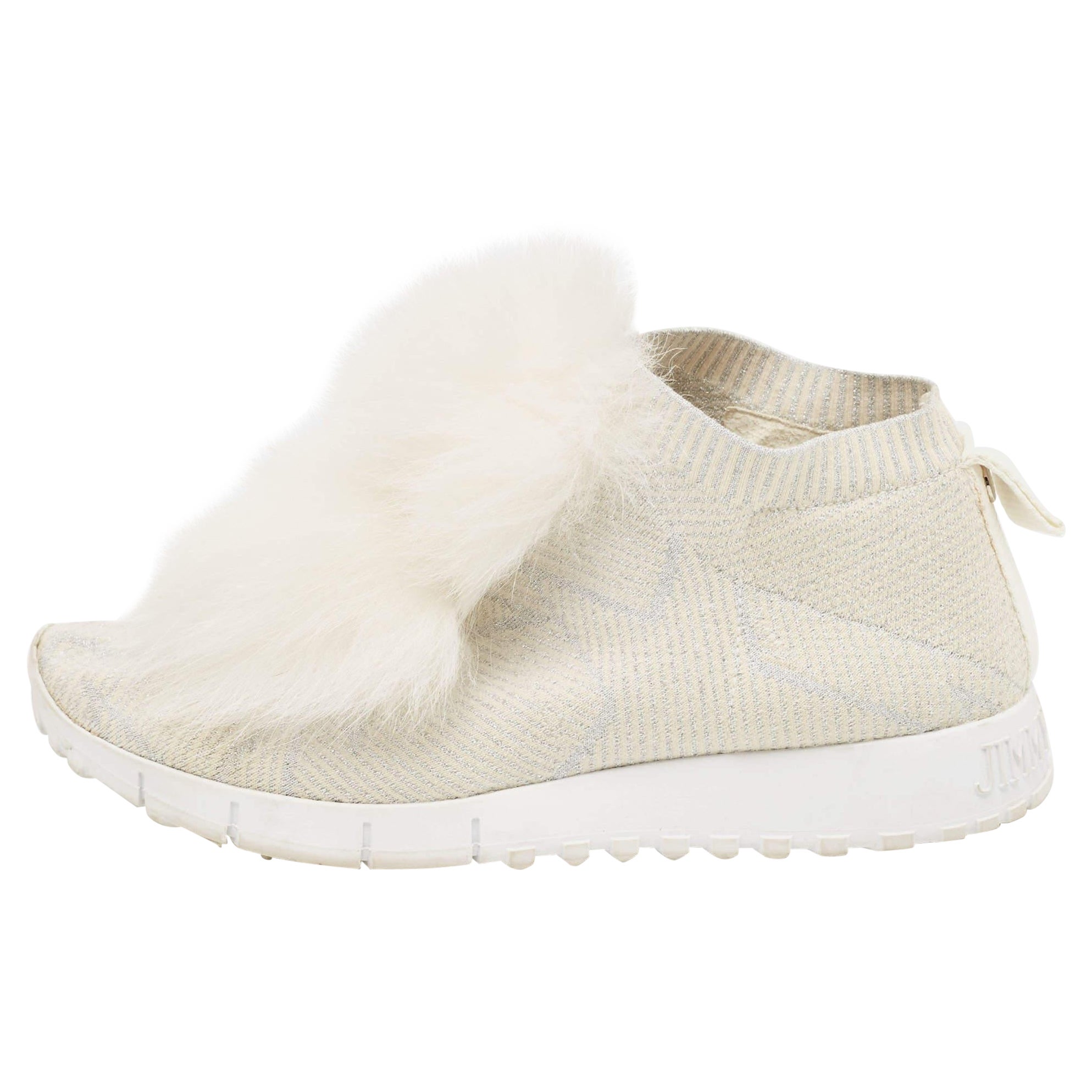 Jimmy Choo White/Silver Knit Fabric Lurex Norway Pom Pom Sneakers Size 34 (Kids) For Sale
