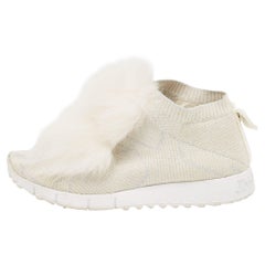 Jimmy Choo White/Silver Knit Fabric Lurex Norway Pom Pom Sneakers Size 34 (Kids)