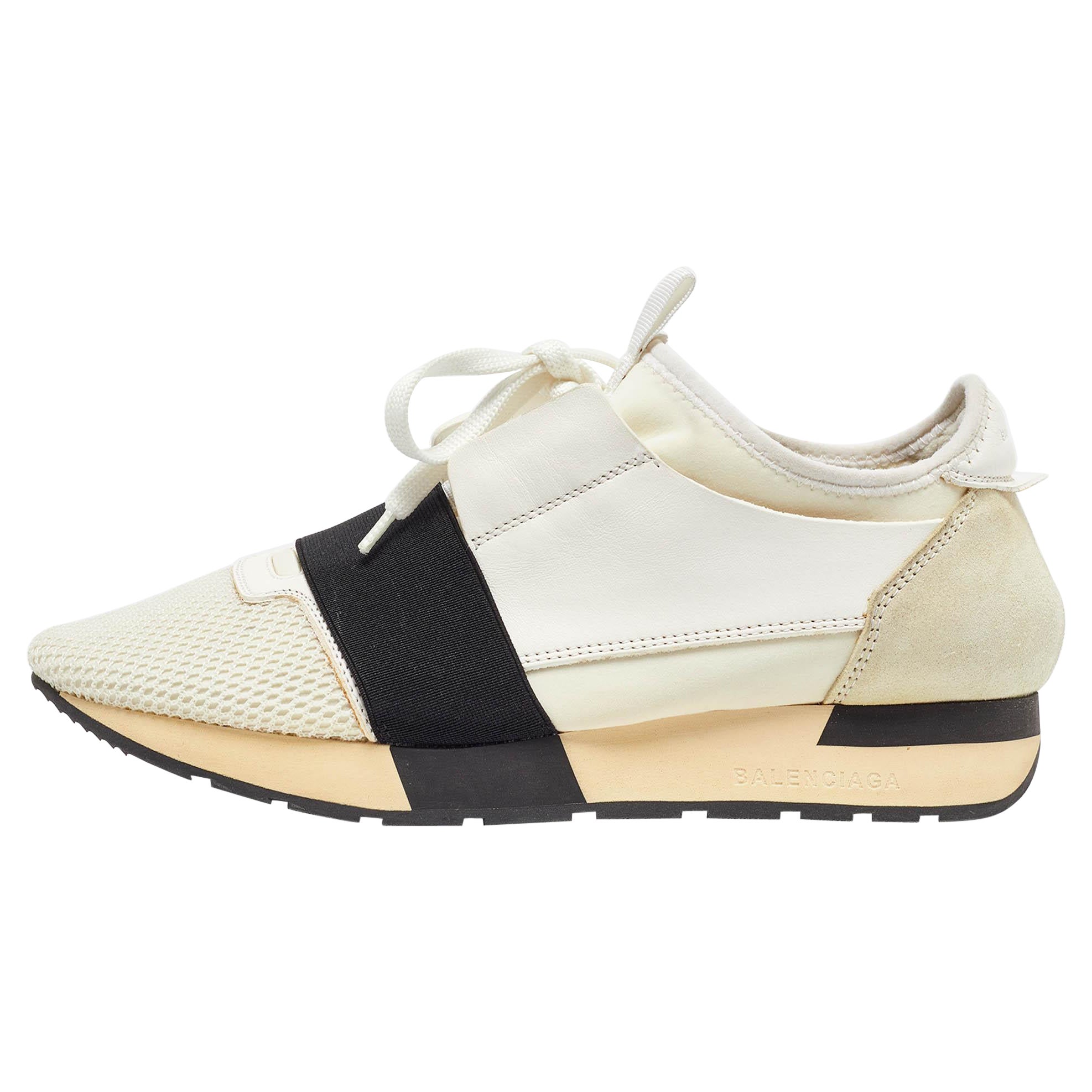 Balenciaga White Leather and Mesh Race Runner Sneakers Size 38 For Sale