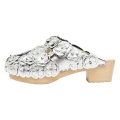 Chanel Metallic Leather CC Turnlock Camellia Wood Platform Clogs Size 36.5