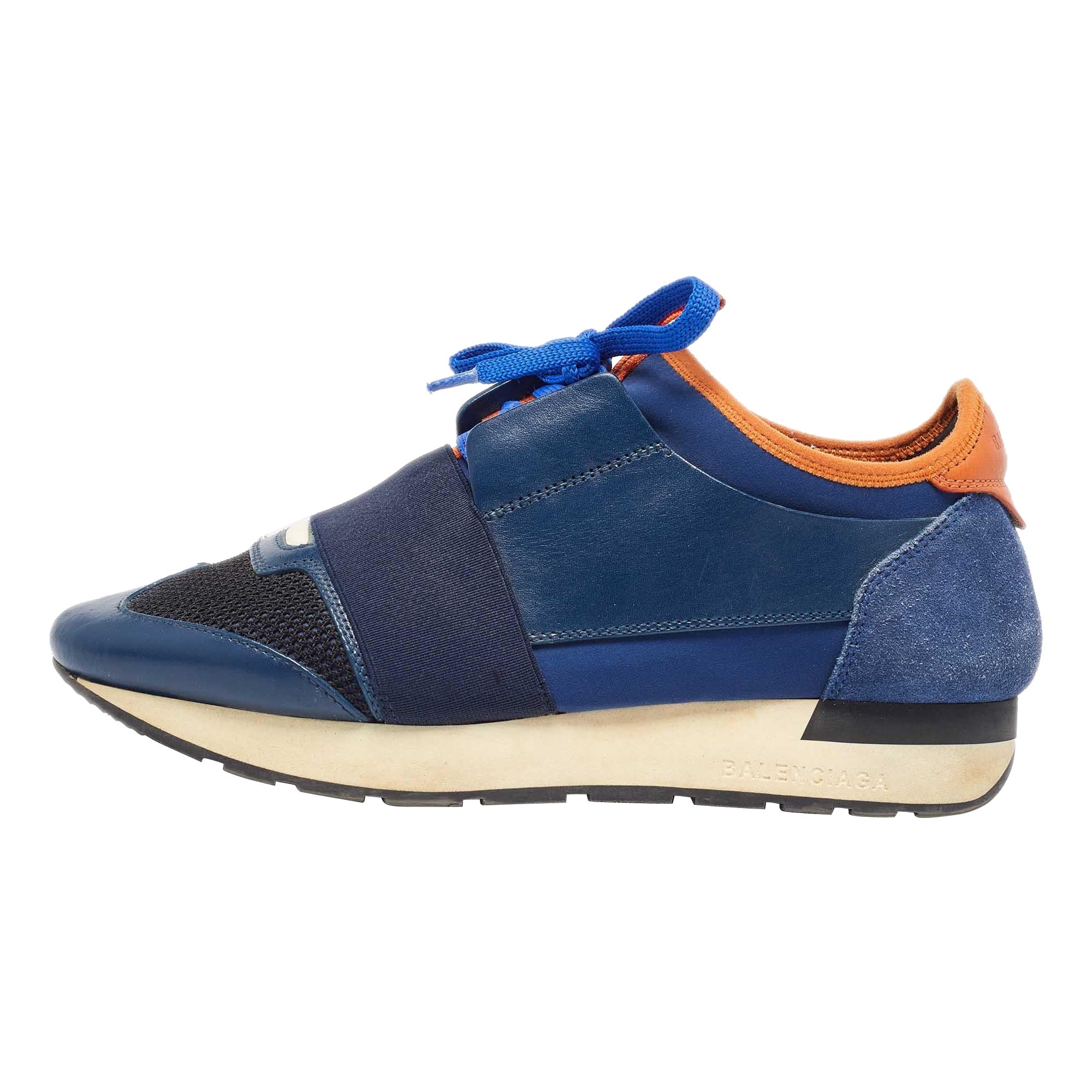 Balenciaga Blue Mesh and Leather Race Runner Low Top Sneakers Size 37 For Sale