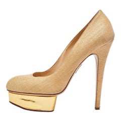 Charlotte Olympia Beige/Gold Raffia and Leather Dolly Platform Pumps Size 41
