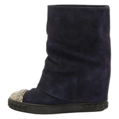 Casadei Blue Suede Embellished Metal Cap Toe Fold-Over Wedge Sneakers Size 38