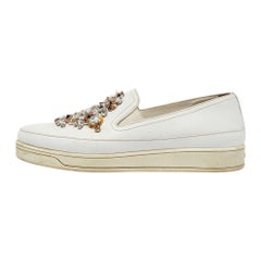 Prada White Leather Crystal Embellished Slip On Sneakers Size 36.5