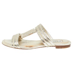 Tod's Gold Textured Leather Double T Strap Flat Slides Size 38
