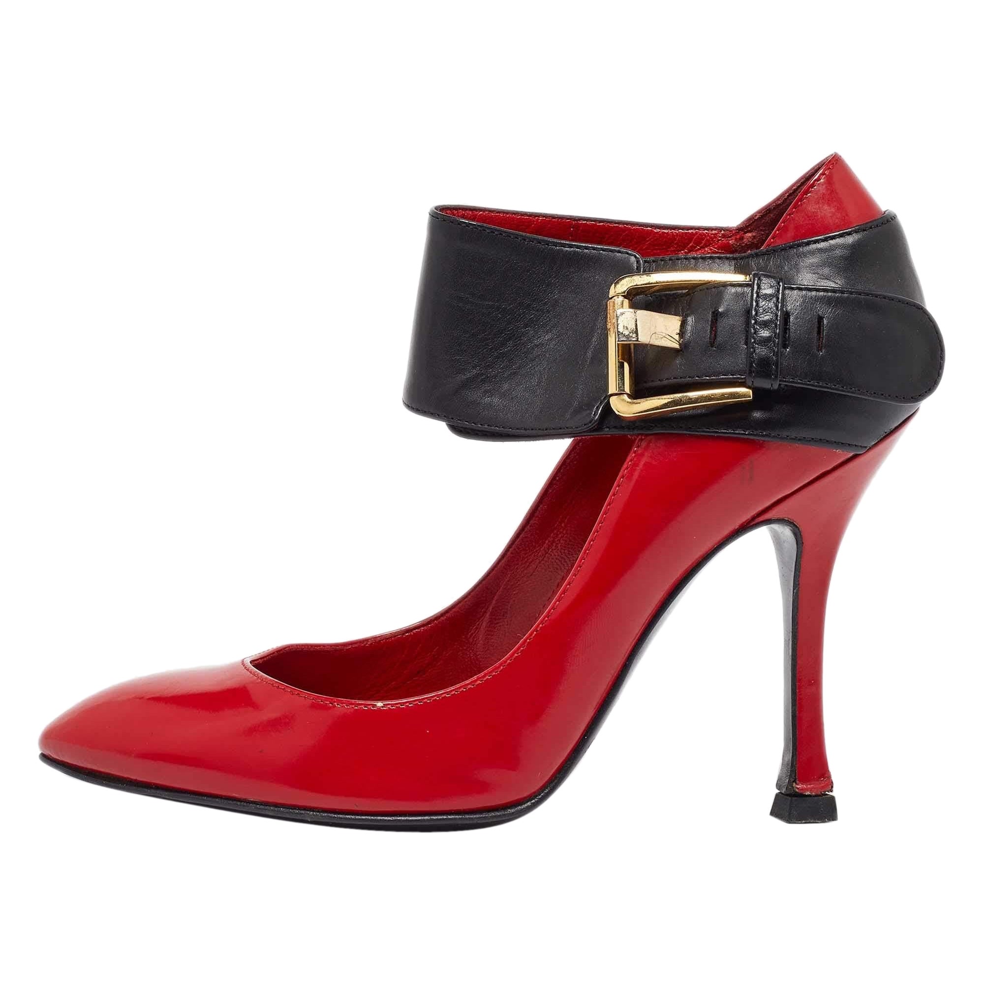 Sergio Rossi Red/Black Leather Buckle Ankle Cuff Pointed Toe Pumps Size 35.5