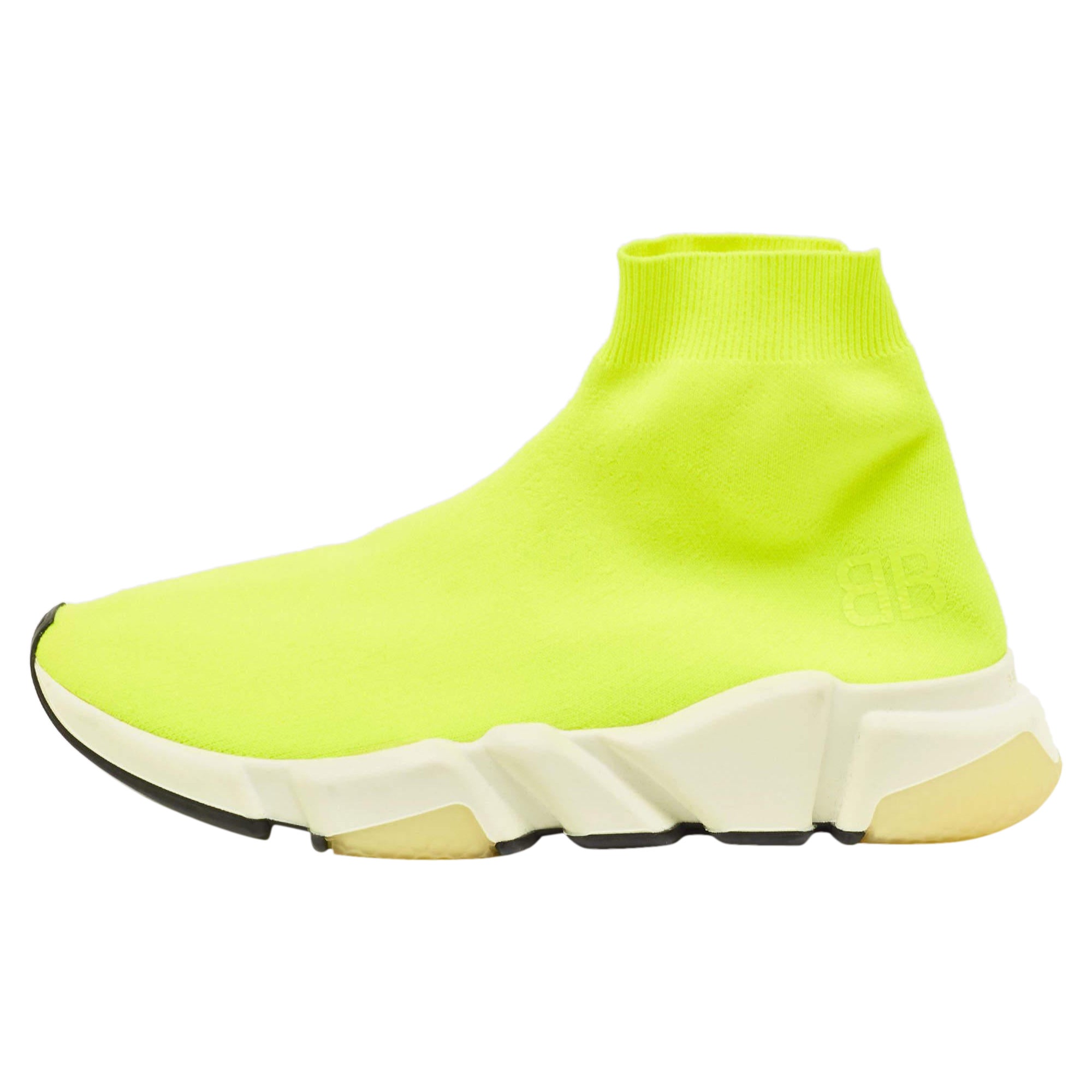 Balenciaga Neon Yellow Knit Fabric Speed Trainer Sneakers Size 39 For Sale