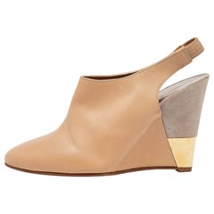 Chloe Beige/Grey Leather and Suede Wedge Slingback Pumps Size 34