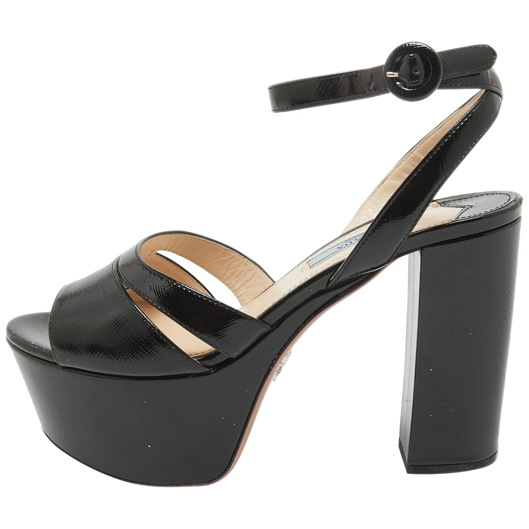 Prada Sandali con cinturino alla caviglia con plateau in pelle nera misura 36,5