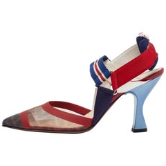 Fendi Brown/Red Zucca Mesh and Leather Colibri Slingback Pumps Size 40
