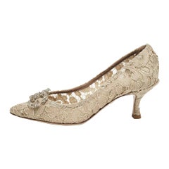 Dolce Gabbana Beige Lace DG Amore Crystal Embellished Pointed Toe Pumps Size 36