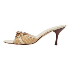 Gucci Brown/Beige Raffia and Leather Bamboo Horsebit Slide Sandals Size 40.5