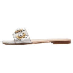 Fendi Silver Leather Flowerland Flat Slides Size 36