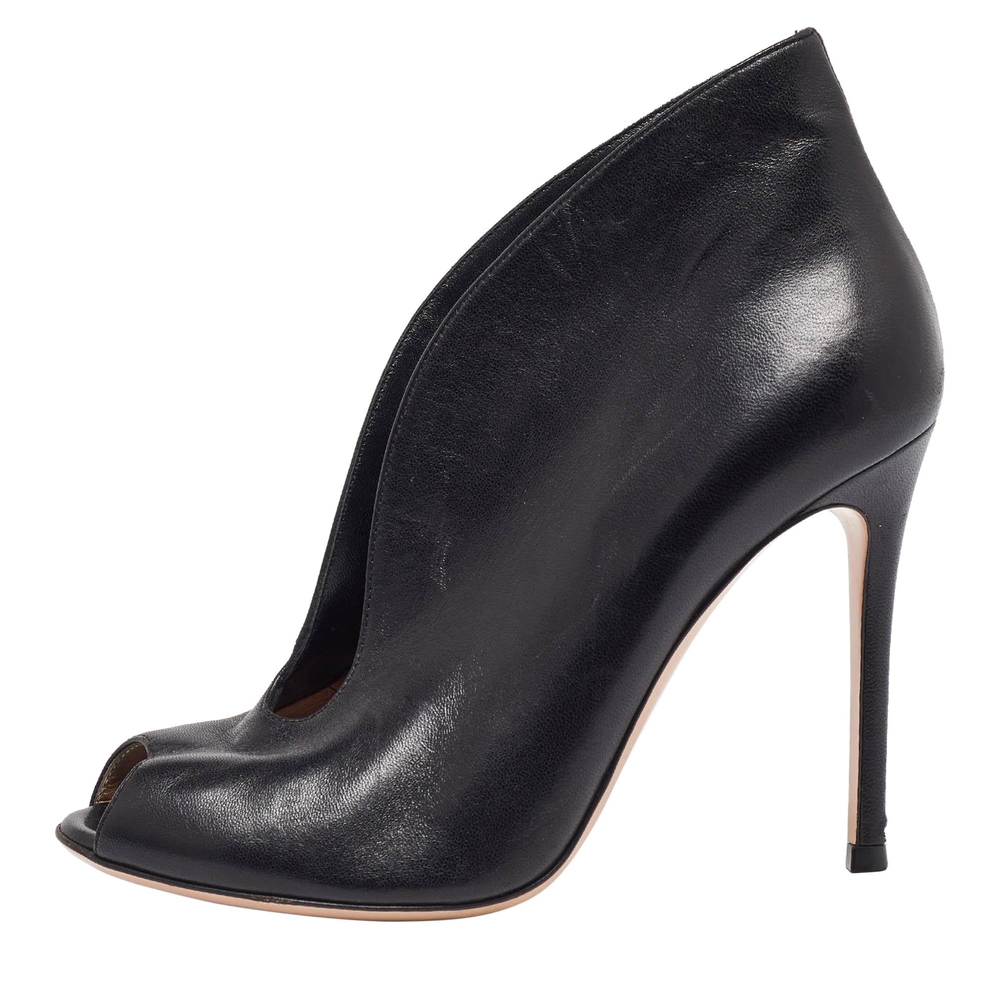 Gianvito Rossi Schwarz Leder Vamp Peep Toe Stiefeletten Größe 37.5