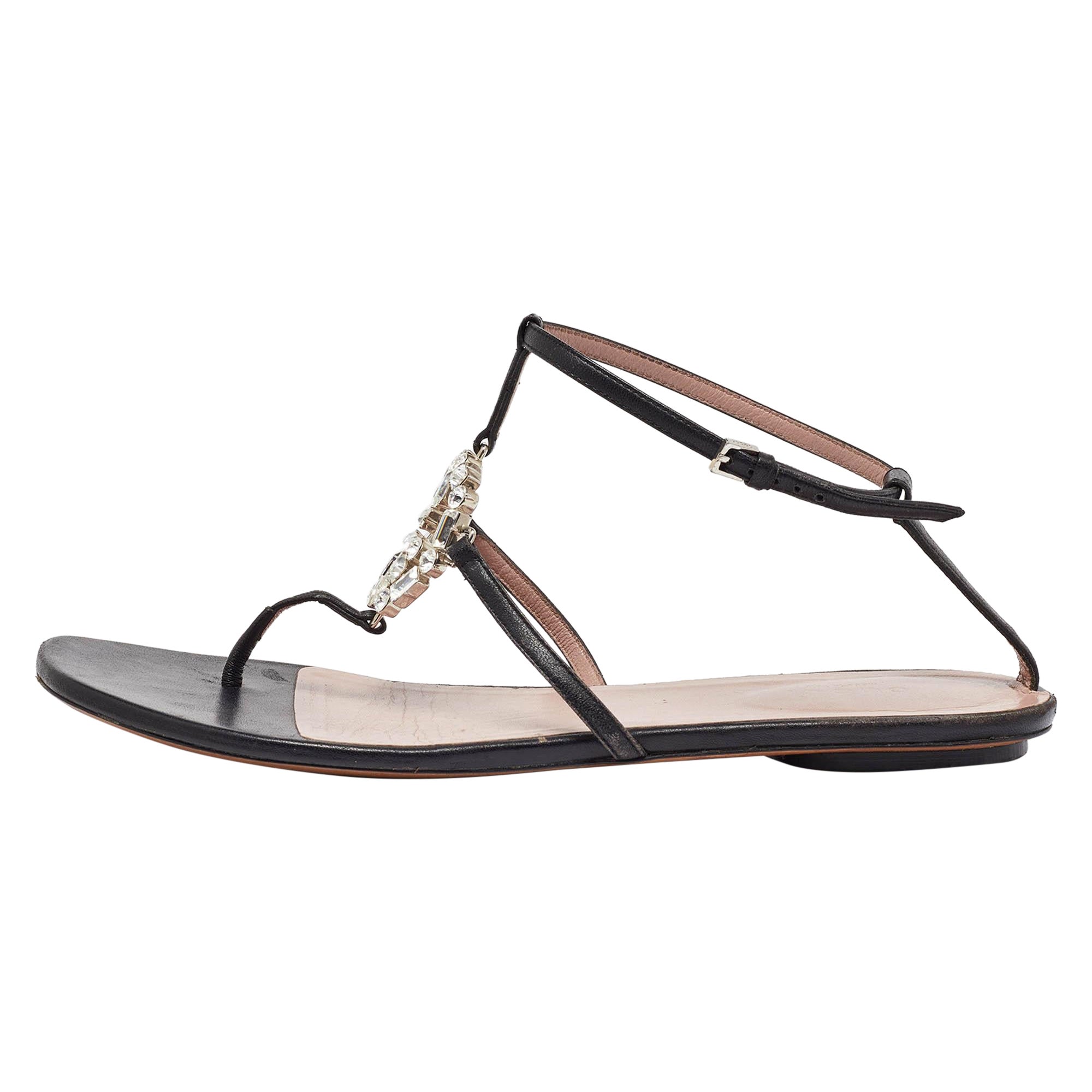 Gucci Schwarz Leder Crystal verschönert GG Thong flache Sandalen Größe 38,5