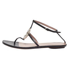 Gucci Black Leather Crystal Embellished GG Thong Flat Sandals Size 38.5