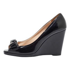 Prada Black Patent Leather Bow Peep Toe Wedge Pumps Size 39