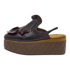 Fendi Black/Green Ruffled Leather Slingback Platform Mules Size 39
