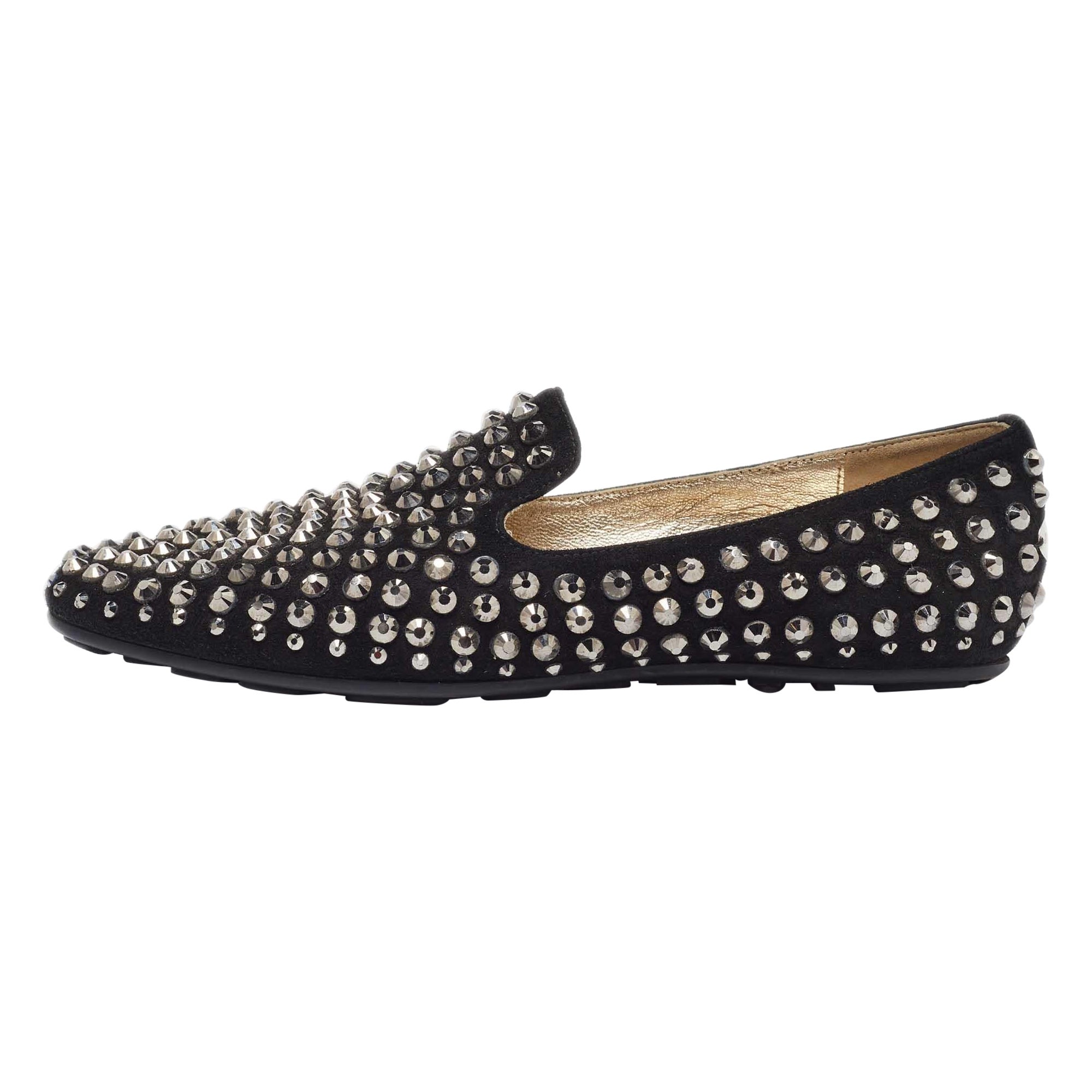 Jimmy Choo Black Suede Wheel Crystal Studded Smoking Slippers Size 35 For Sale