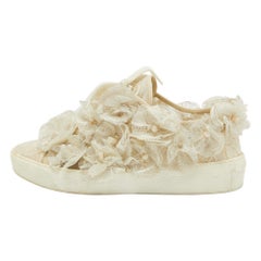 Chanel Cream Lace and Mesh Camelia Lace Up Sneakers Size 37
