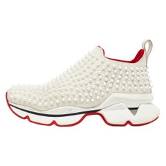 Christian Louboutin White Neoprene Spike Sock Slip On Platform Sneakers Size 38