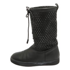 Christian Louboutin Black Leather Surlapony Spiked Mid Calf Boots Size 40