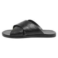 Balenciaga Black Logo Embossed Leather Slides Size 42
