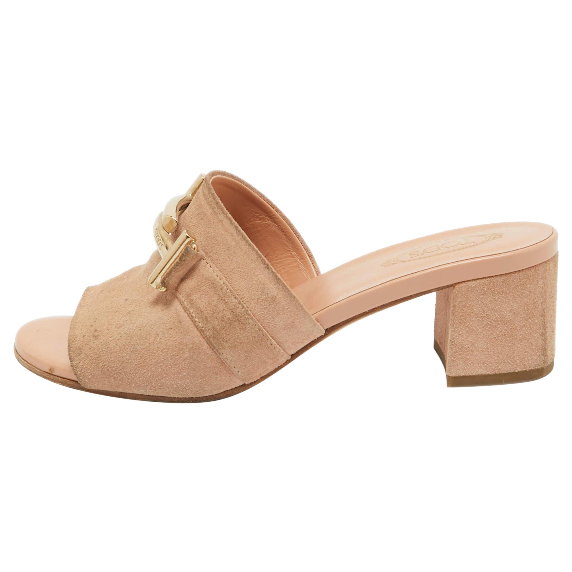 Tod's Pink Suede Double T Buckle Slide Sandals Size 36
