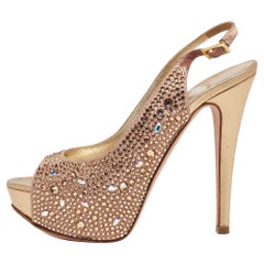 Gina Gold Satin Crystal Embellished Platform Peep Toe Slingback Sandals Size 36