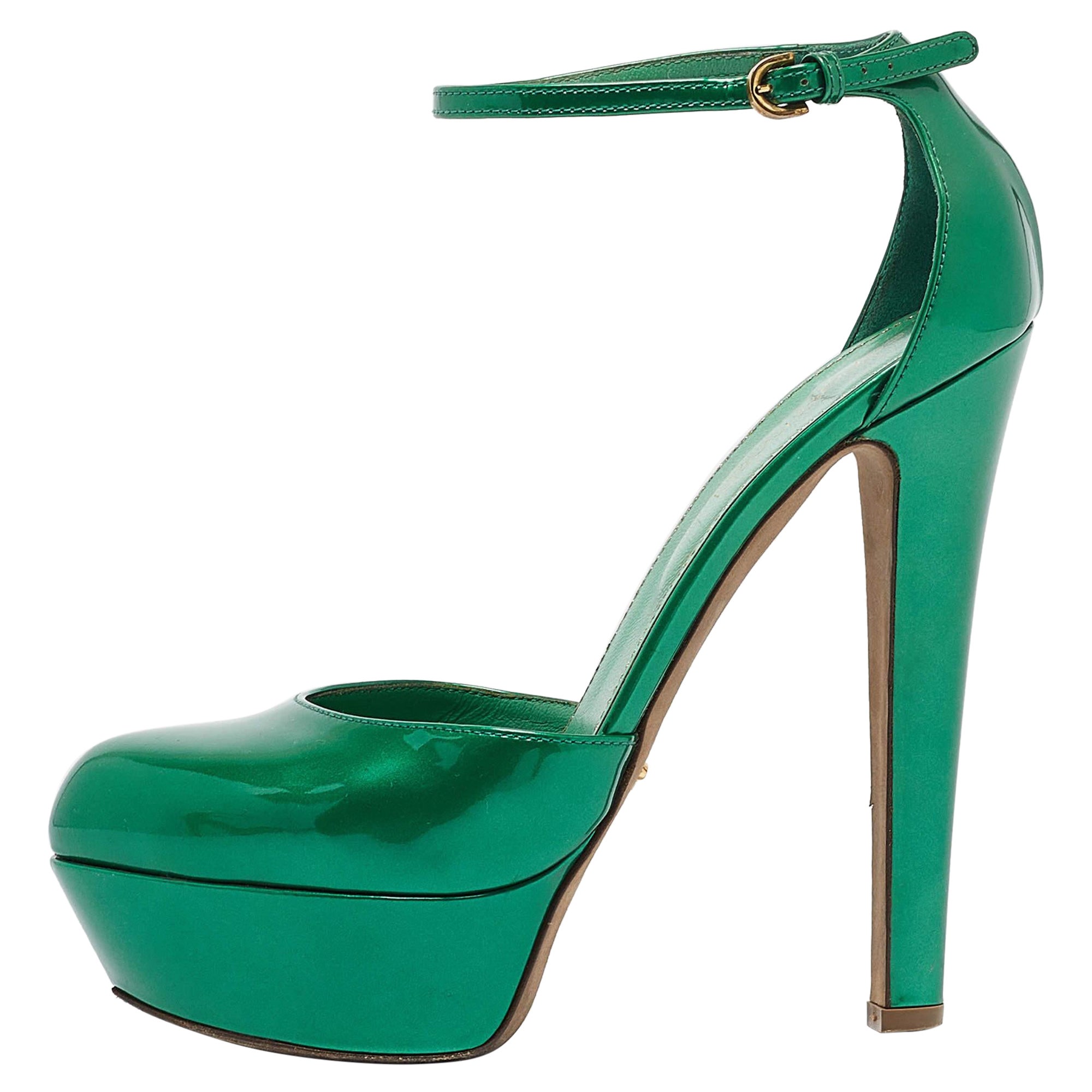 Sergio Rossi Green Patent Leather Ankle Strap Platform Pumps Size 36.5 For Sale