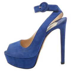 Prada Blaue Wildleder Peep Toe Plateausandalen mit Knöchelriemen Größe 36,5