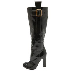 Prada Black Patent Leather Buckle Detail Over The Knee Length Boots Size 38.5