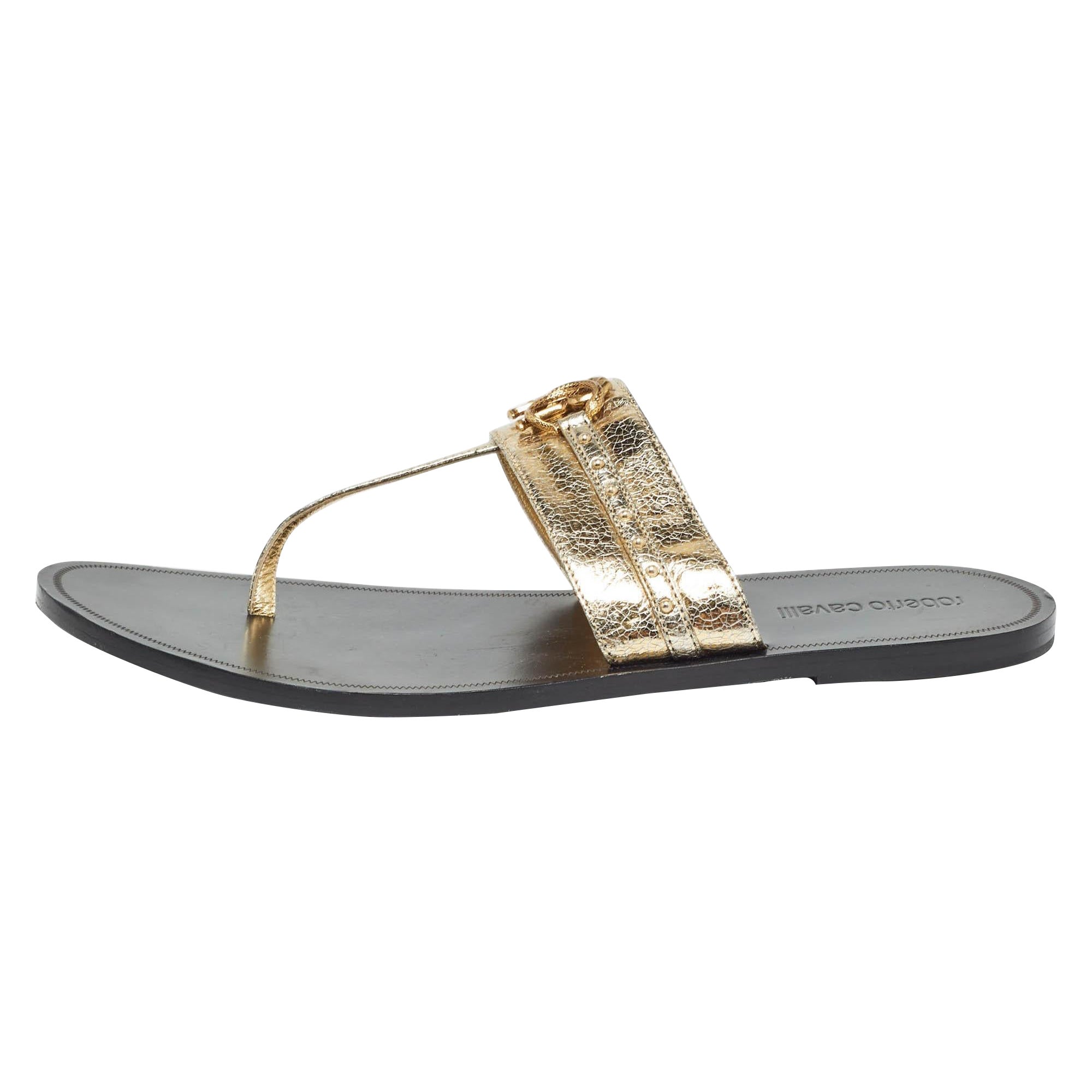 Roberto Cavalli Gold Crackled Leather Flat Slides Size 40 For Sale