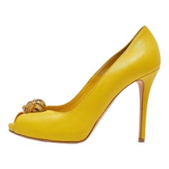Alexander McQueen Yellow Leather Embellished Skull Peep Toe Pumps Size 38