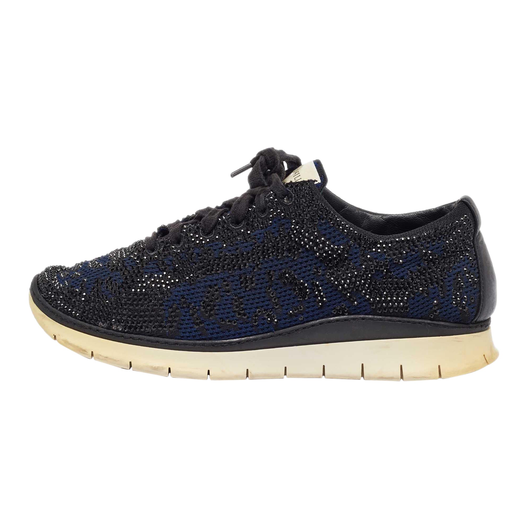 Le Silla - Sneakers basse in pelle blu/nero impreziosite da cristalli - taglia 42 in vendita