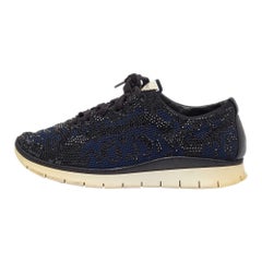 Le Silla Blue/Black Knit Leather Crystal Embellished Low Top Sneakers Size 42