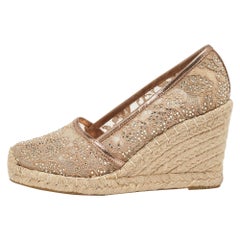 Le Silla Metallic Beige/Gold Lace and Leather Espadrille Wedge Pumps Size 37