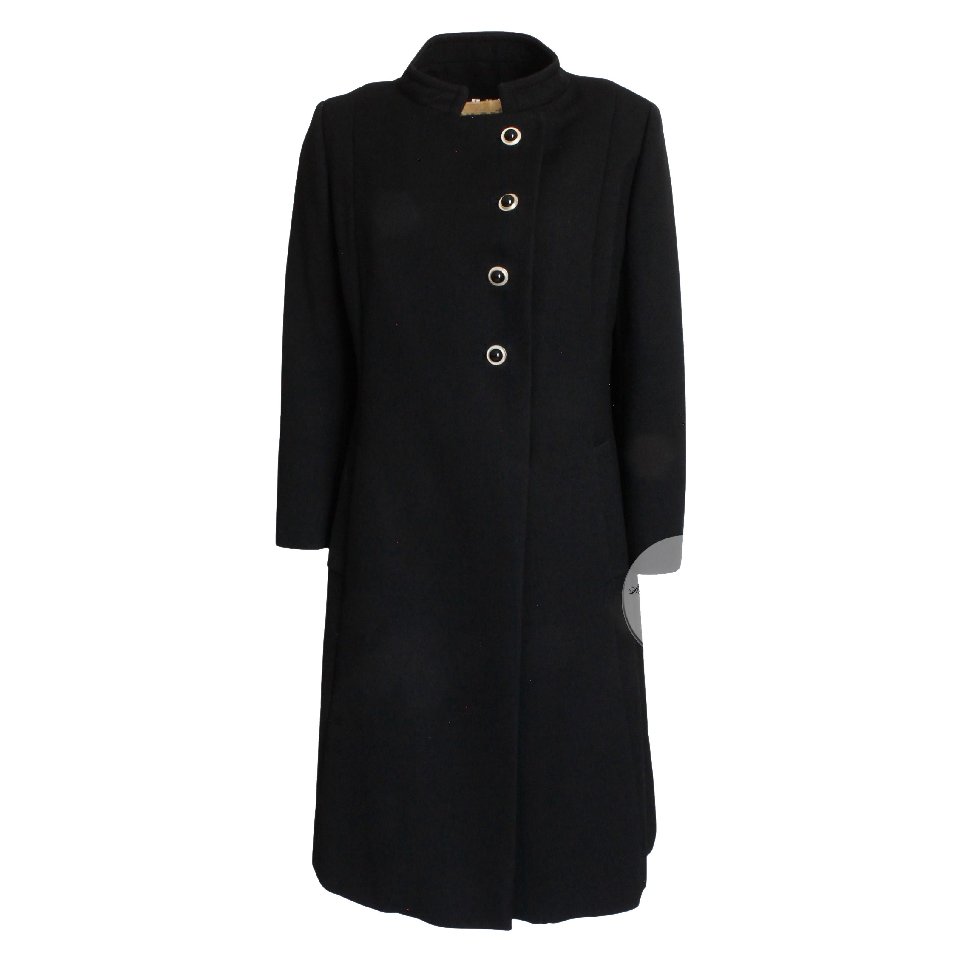 Black Wool Coat by Zelinka Matlick Vintage 1950s Tailored Military Style Collar For Sale