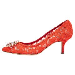 Dolce & Gabbana Red Lace Crystal Embellished Bellucci Pumps Size 38